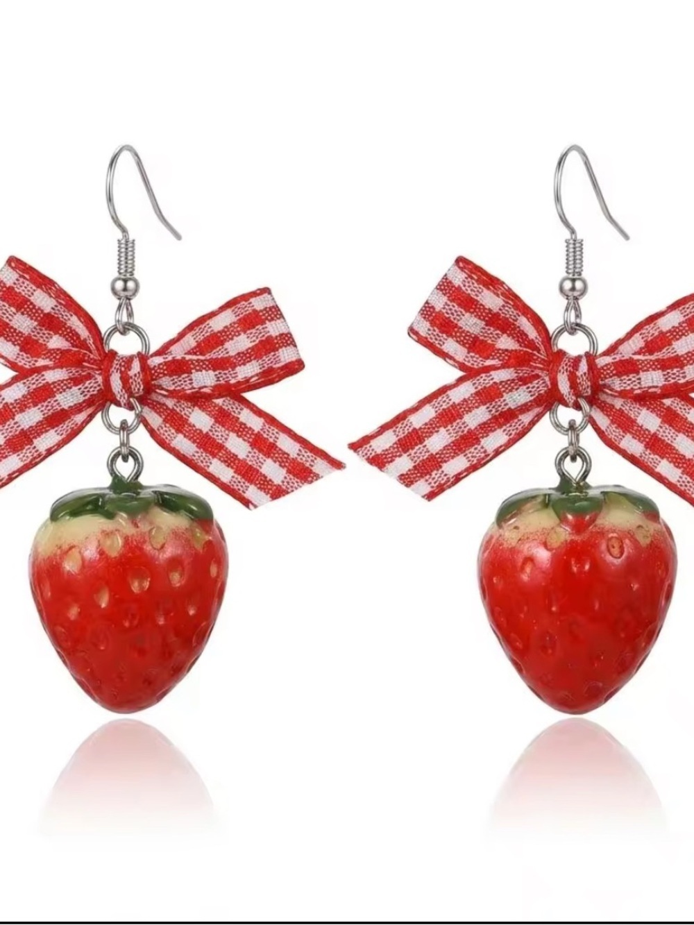 🍓Cute Summer Strawberry Charm Dangle Earrings with Gingham Bows
